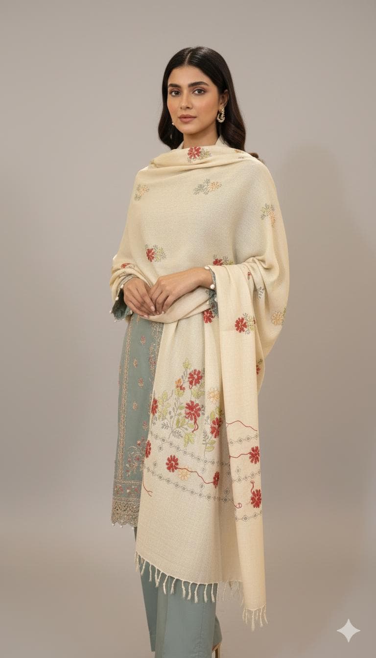Handmade Chitrali Woolen Shawl for Women - Hand Embroidery